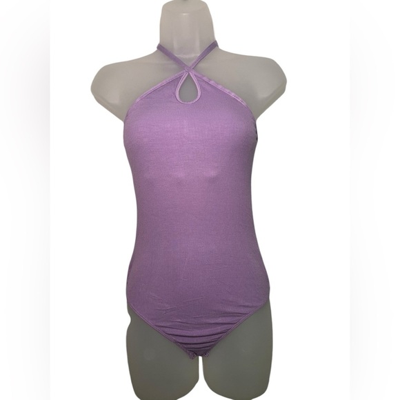 Enza Costa Ribbed Purple Silk Blend Halter Bodysuit S - Picture 2 of 6